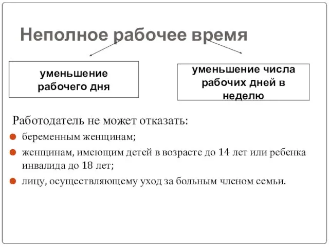 Неполное рабочее время Работодатель не может отказать: беременным женщинам; женщинам,