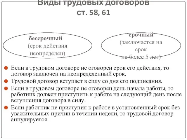 Виды трудовых договоров ст. 58, 61 Если в трудовом договоре