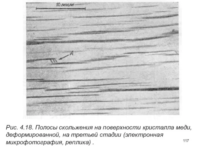 Рис. 4.18. Полосы скольжения на поверхности кристалла меди, деформированной, на третьей стадии (электронная микрофотография, реплика) .