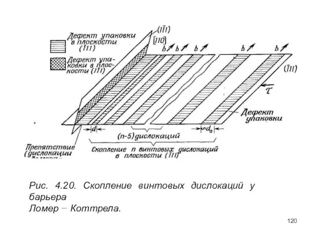 Рис. 4.20. Скопление винтовых дислокаций у барьера Ломер − Коттрела.