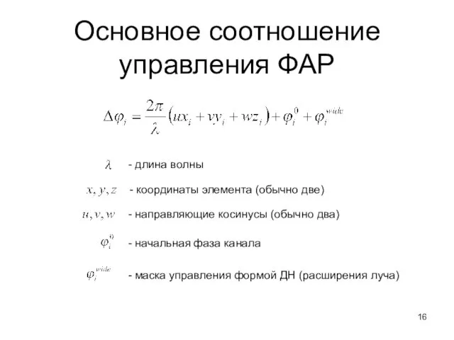 Основное соотношение управления ФАР - длина волны - координаты элемента