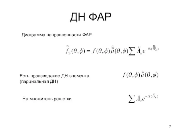 ДН ФАР Диаграмма направленности ФАР Есть произведение ДН элемента (парциальная ДН) На множитель решетки