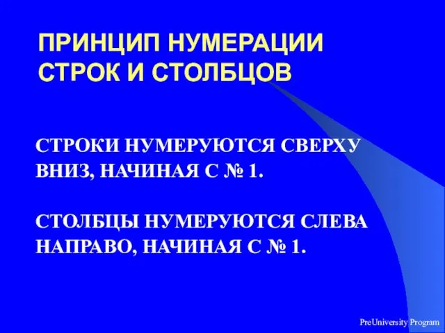 PreUniversity Program ПРИНЦИП НУМЕРАЦИИ СТРОК И СТОЛБЦОВ СТРОКИ НУМЕРУЮТСЯ СВЕРХУ