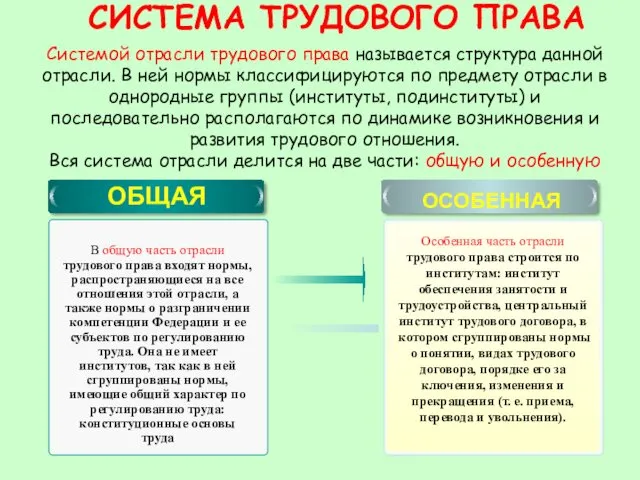 СИСТЕМА ТРУДОВОГО ПРАВА ОБЩАЯ ОСОБЕННАЯ Особенная часть отрасли трудового права