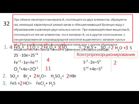 H2O + S SO2+ Br2+ H2O= H2SO4+ HBr 32 При