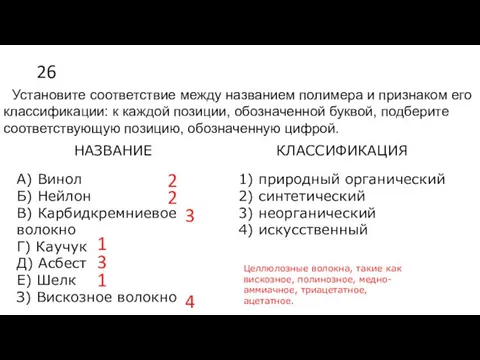 26 Установите соответствие между названием полимера и признаком его классификации: