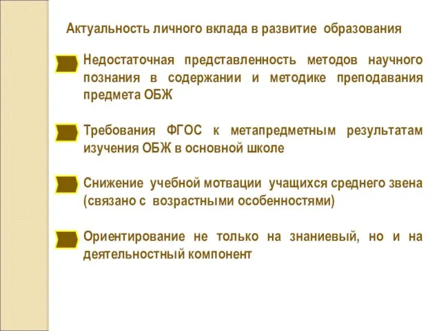 Актуальность личного вклада в развитие образования Недостаточная представленность методов научного