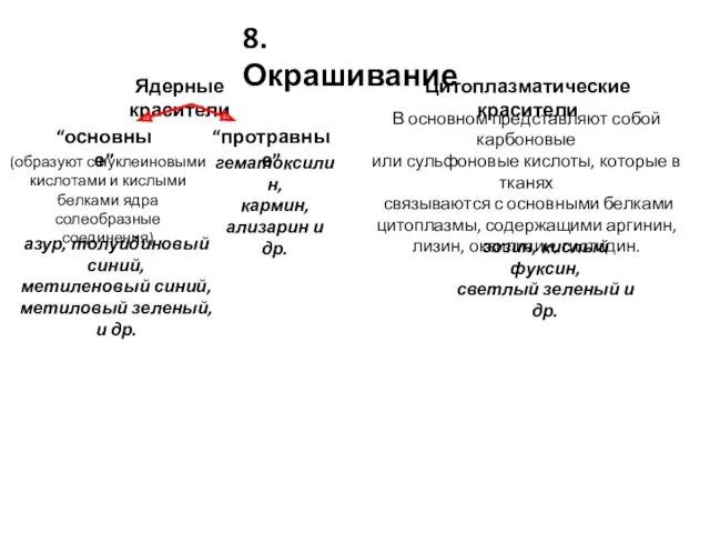 8. Окрашивание Ядерные красители Цитоплазматические красители “основные” “протравные” (образуют с нуклеиновыми кислотами и