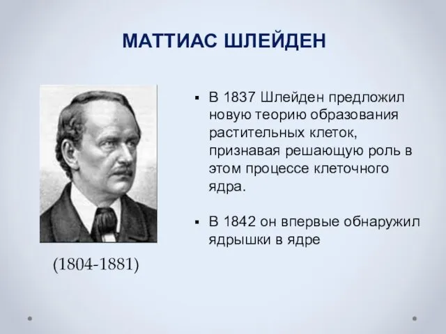 В 1837 Шлейден предложил новую теорию образования растительных клеток, признавая