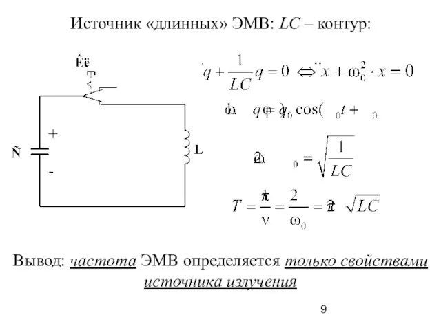 Источник «длинных» ЭМВ: LC – контур: + - Вывод: частота ЭМВ определяется только свойствами источника излучения