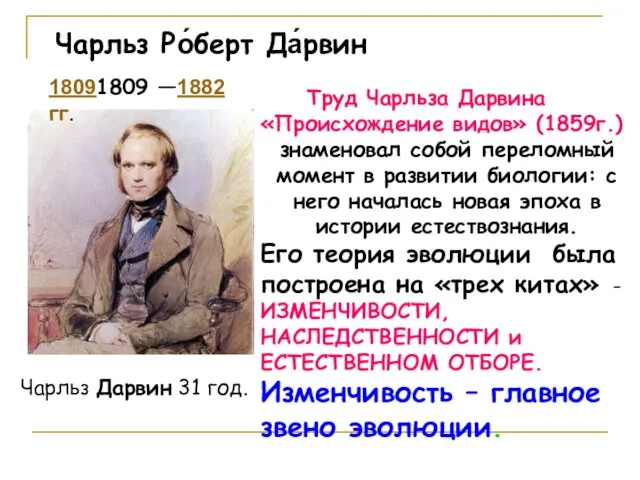 Чарльз Дарвин 31 год. 18091809 —1882 гг. Чарльз Ро́берт Да́рвин