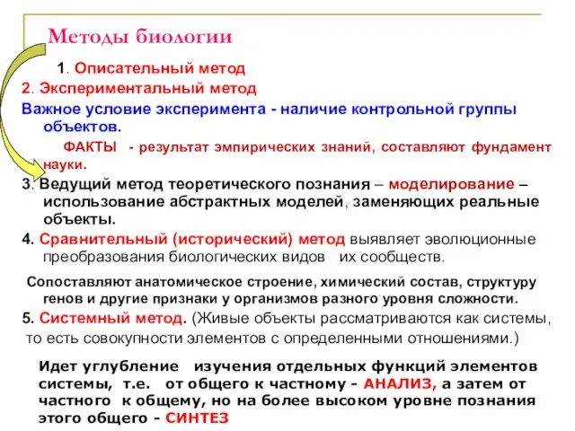 Методы биологии 1. Описательный метод 2. Экспериментальный метод Важное условие