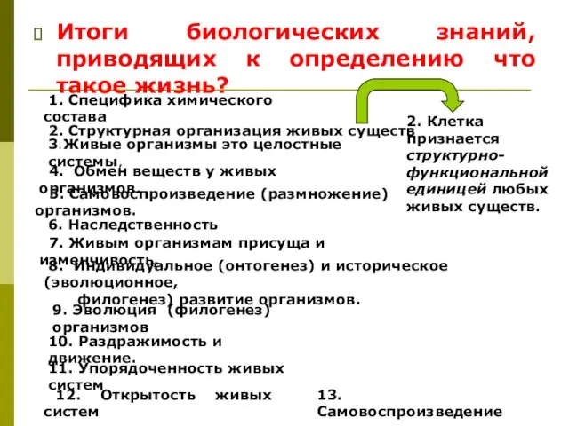 Итоги биологических знаний, приводящих к определению что такое жизнь? 1.