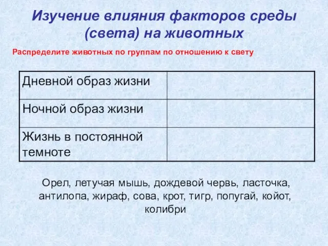 Изучение влияния факторов среды (света) на животных Распределите животных по