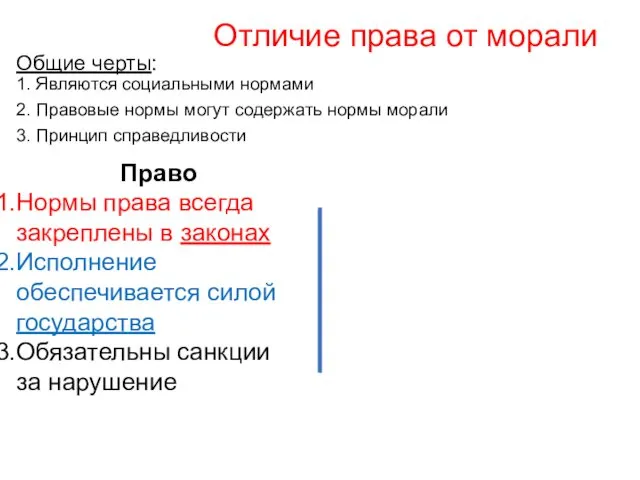 Отличие права от морали Общие черты: 1. Являются социальными нормами