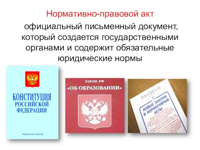 Нормативно-правовой акт официальный письменный документ, который создается государственными органами и содержит обязательные юридические нормы