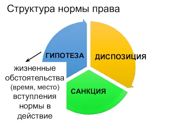 Структура нормы права ДИСПОЗИЦИЯ ГИПОТЕЗА САНКЦИЯ жизненные обстоятельства (время, место) вступления нормы в действие