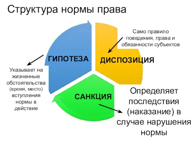 Структура нормы права ДИСПОЗИЦИЯ ГИПОТЕЗА САНКЦИЯ Указывает на жизненные обстоятельства