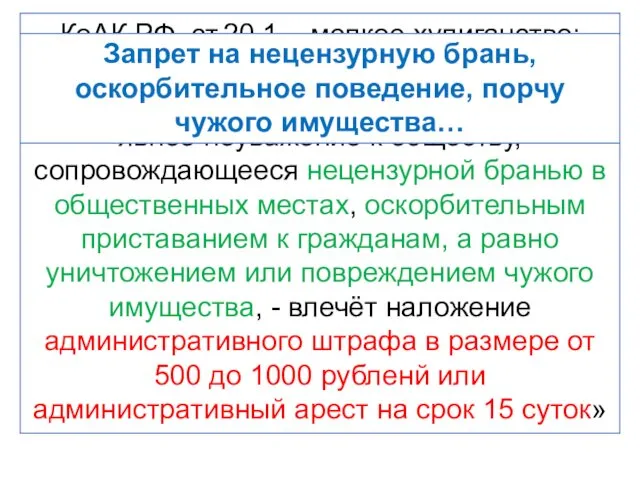 КоАК РФ, ст.20.1 – мелкое хулиганство: «Мелкое хулиганство, т.е. нарушение