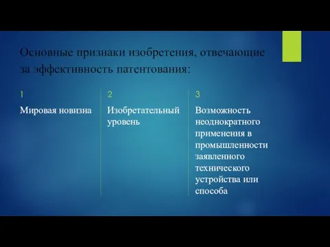 Основные признаки изобретения, отвечающие за эффективность патентования: 1 Мировая новизна