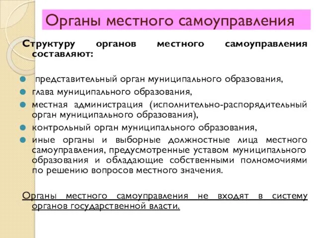 Органы местного самоуправления Структуру органов местного самоуправления составляют: представительный орган