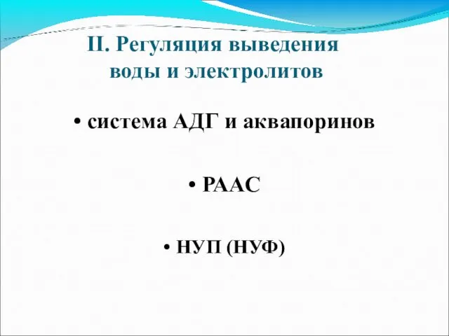 II. Регуляция выведения воды и электролитов • система АДГ и аквапоринов • РААС • НУП (НУФ)