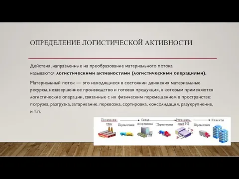 ОПРЕДЕЛЕНИЕ ЛОГИСТИЧЕСКОЙ АКТИВНОСТИ Действия, направленные на преобразование материального потока называются