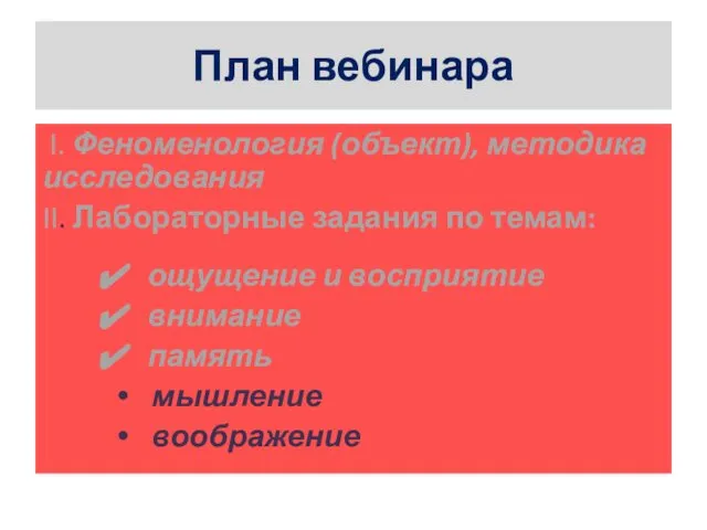 План вебинара I. Феноменология (объект), методика исследования II. Лабораторные задания