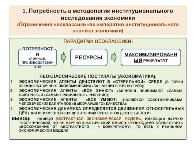 1. Потребность в методологии институционального исследования экономики (Ограничения неоклассики как