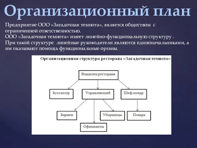 Организационный план Предприятие ООО «Загадочная темнота», является обществом с ограниченной