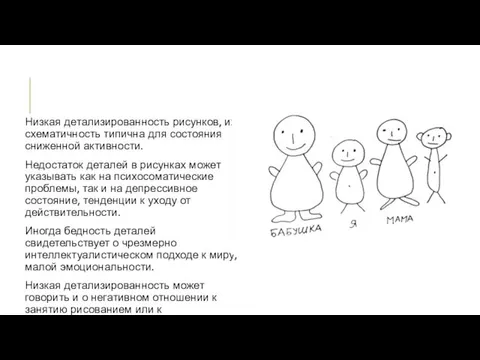 Низкая детализированность рисунков, их схематичность типична для состояния сниженной активности.