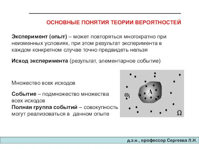 Эксперимент (опыт) – может повторяться многократно при неизменных условиях, при