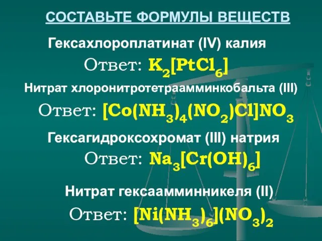 Ответ: K2[PtCl6] Гексахлороплатинат (IV) калия Нитрат хлоронитротетраамминкобальта (III) Гексагидроксохромат (III)