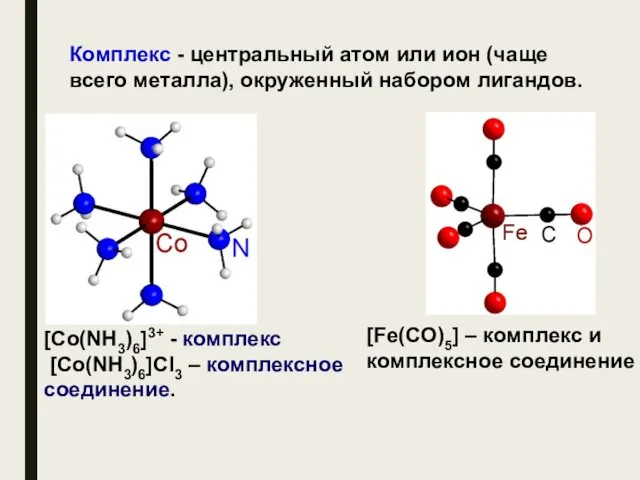 [Co(NH3)6]3+ - комплекс [Co(NH3)6]Cl3 – комплексное соединение. Комплекс - центральный