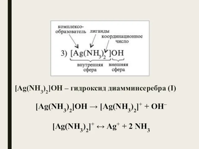 [Ag(NH3)2]OH – гидроксид диамминсеребра (I) [Ag(NH3)2]OH → [Ag(NH3)2]+ + OH– [Ag(NH3)2]+ ↔ Ag+ + 2 NH3