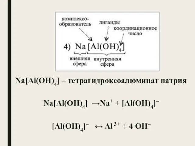 Na[Al(OH)4] – тетрагидроксоалюминат натрия Na[Al(OH)4] →Na+ + [Al(OH)4]– [Al(OH)4]– ↔ Al 3+ + 4 OH–