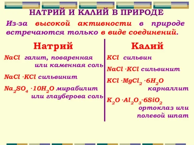 НАТРИЙ И КАЛИЙ В ПРИРОДЕ Из-за высокой активности в природе встречаются только в виде соединений.