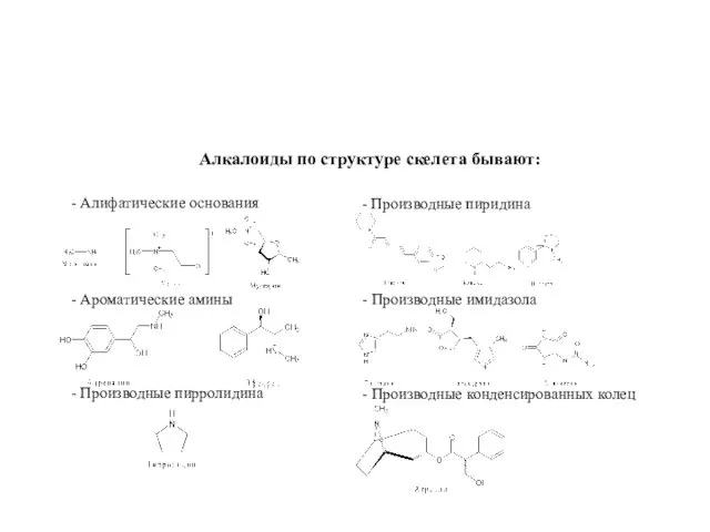 Алкалоиды по структуре скелета бывают: - Алифатические основания - Ароматические