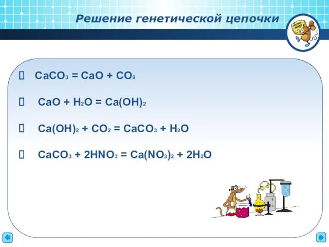 СaCO3 = CaO + CO2 CaO + H2O = Ca(OH)2 Ca(OH)2 + CO2