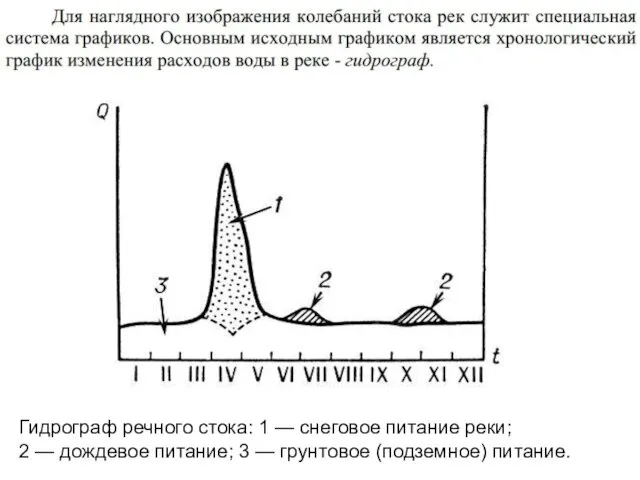 Гидрограф речного стока: 1 — снеговое питание реки; 2 —