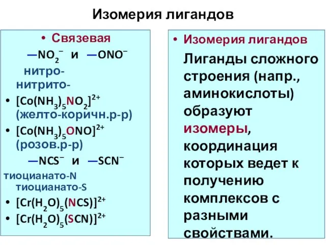 Изомерия лигандов Связевая —NO2– и —ONO– нитро- нитрито- [Co(NH3)5NO2]2+ (желто-коричн.р-р) [Co(NH3)5ONO]2+ (розов.р-р) —NCS–