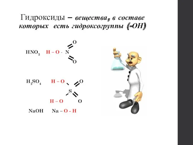 Гидроксиды – вещества, в составе которых есть гидроксогруппы (-ОН) O HNO3 H –