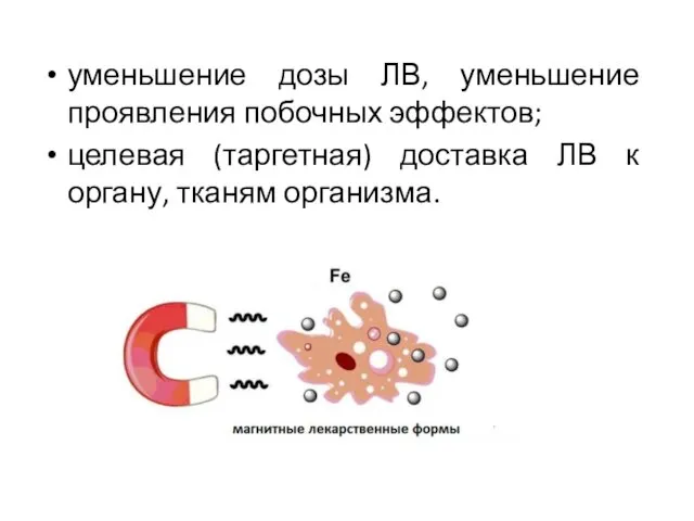 уменьшение дозы ЛВ, уменьшение проявления побочных эффектов; целевая (таргетная) доставка ЛВ к органу, тканям организма.