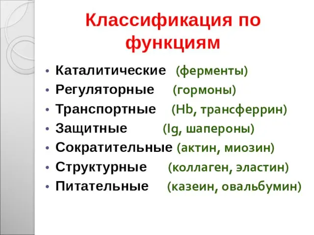 Классификация по функциям Каталитические (ферменты) Регуляторные (гормоны) Транспортные (Нb, трансферрин)