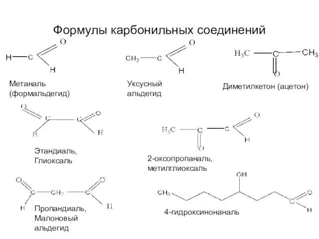 Формулы карбонильных соединений Метаналь (формальдегид) Уксусный альдегид Диметилкетон (ацетон) Этандиаль,