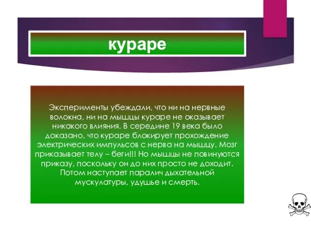 кураре Эксперименты убеждали, что ни на нервные волокна, ни на