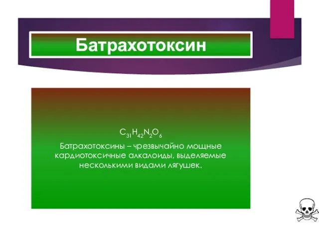 Батрахотоксин C31H42N2O6 Батрахотоксины – чрезвычайно мощные кардиотоксичные алкалоиды, выделяемые несколькими видами лягушек.