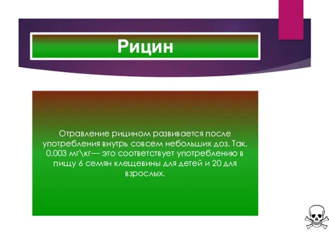 Рицин Отравление рицином развивается после употребления внутрь совсем небольших доз.