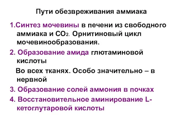 Пути обезвреживания аммиака 1.Синтез мочевины в печени из свободного аммиака