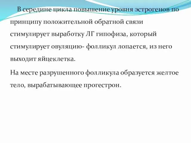 В середине цикла повышение уровня эстрогенов по принципу положительной обратной